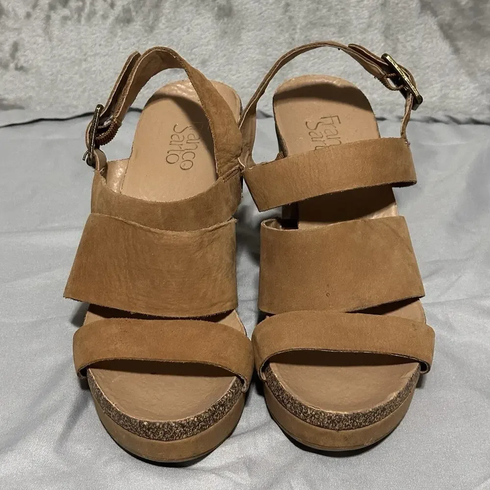 Franco Sarto Fiona Strappy Leather Wedge Sandals Womens Size 8.5M Brown Cork EUC